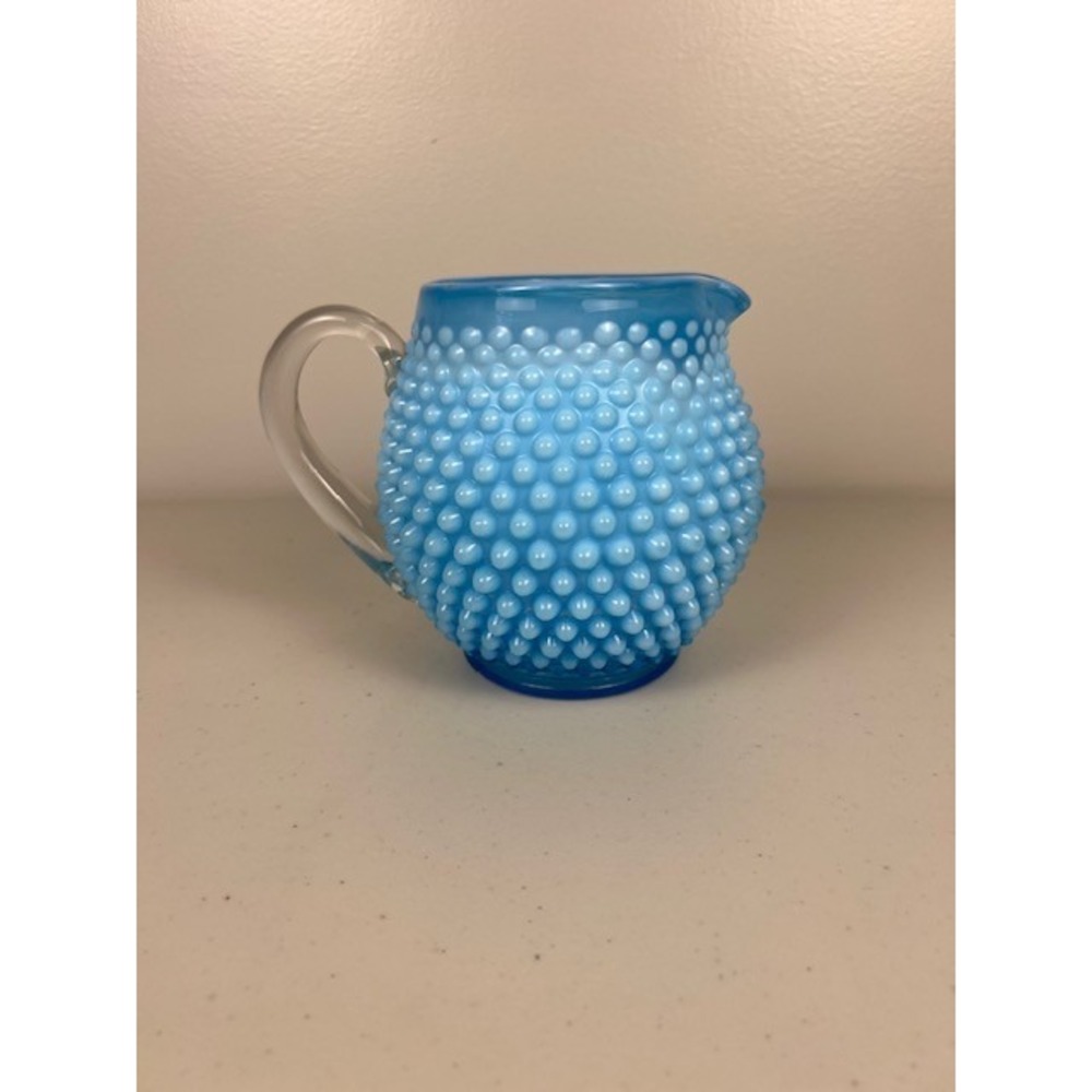 Vintage Fenton Blue‎ Opalescent Hobnail Glass Creamer Pitcher Vintage Art Glass